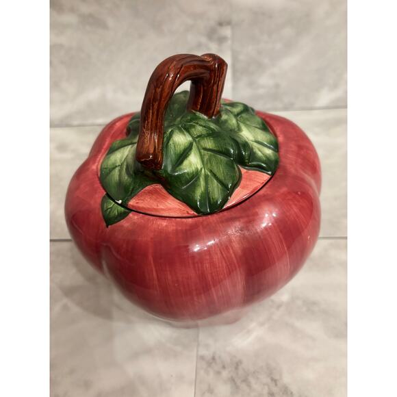 Vintage 1997 Cracker Barrel Red Delicious Apple Ceramic Cookie Jar Green Leaves - Picture 3 of 8